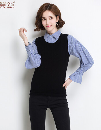 金菊2018秋冬新款女士纯羊毛背心女无袖圆领羊毛衫时尚百搭马甲 黑色