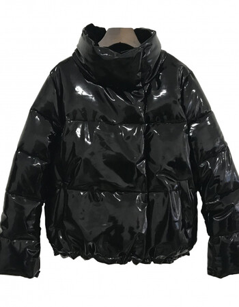 珂梵图季新款bf黑色亮面漆皮羽绒棉服面包服短款棉衣女外套潮 升级版