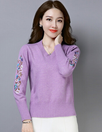 雾霾蓝毛衣女v领2018新款宽松韩版秋冬套头小款百搭鸡心领打底衫 紫色