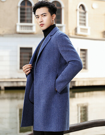 呢阿尔巴卡羊毛呢子大衣韩版中长款无羊绒风衣外套男冬天穿的 蓝色 48