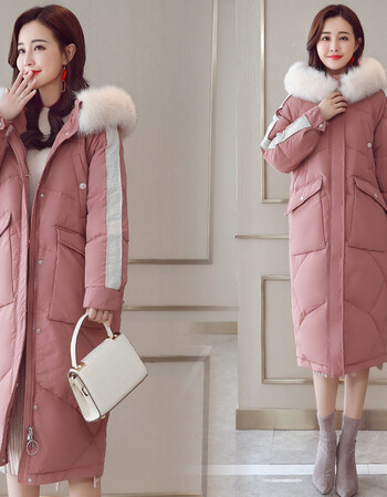 2019冬季羽绒服女新款韩版白鸭绒宽松中长款过膝时尚毛领连帽 豆沙色