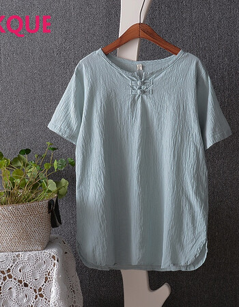 春装新款 复古文艺国风盘扣宽松棉麻衬衫女短袖 肌理棉上 短袖鸭蛋绿