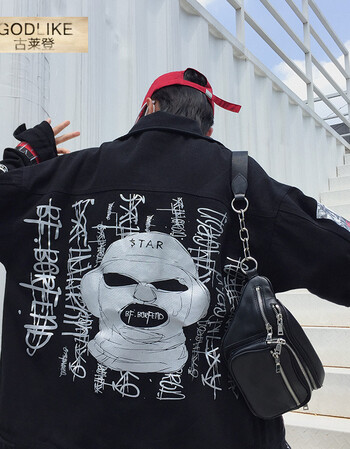 ins风反光条牛仔外套潮牌欧美街头个性男士街舞外套ulzzang嘻哈宽松潮