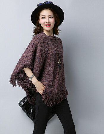 秋 短款流苏毛线针织斗篷披肩毛衣外套套头衫披风蝙蝠袖女 红蓝 m