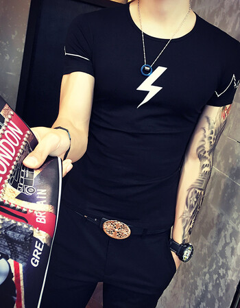 丹杰仕 夏季休闲韩版圆领短袖t恤小闪电印花紧身体恤衫男棉夜店上衣潮