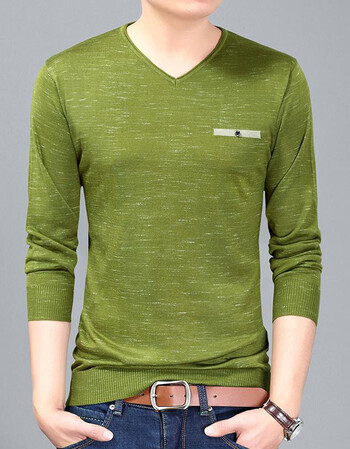 男士v领纯色羊毛衫修身打底针织羊绒衫毛衣男中青年 长袖t恤薄款 绿色