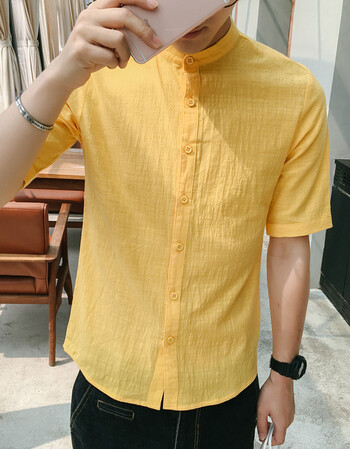 2016夏装短袖衬衫男韩版修身亚麻布立领盘扣七分袖上衣衬衫男 黄色 xl