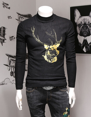 长袖t恤鹿头图案2018秋冬男t恤加厚半高领长袖印花大
