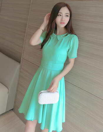 haebm2016春夏娃娃领显瘦修身中长款裙子大码女装仙女沙滩裙 翠绿色 s