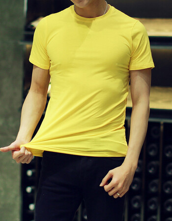 2016夏季新款韩版男士短袖t恤修身圆领纯色半袖打底衫潮 黄色 m