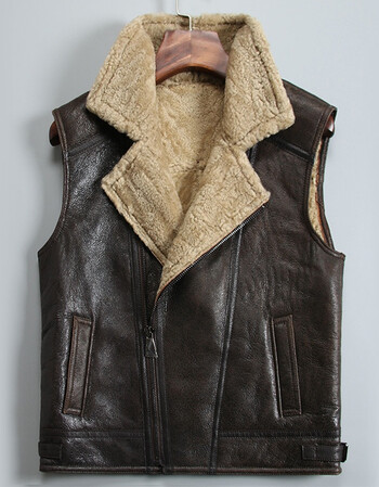 男士皮毛一体马甲秋冬绵羊皮机车马甲翻领加厚保暖羊毛坎肩男 棕龟裂