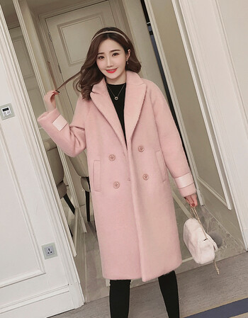 毛呢外套女中长款韩版2018新款小个子呢子大衣女学生修身 粉色加棉