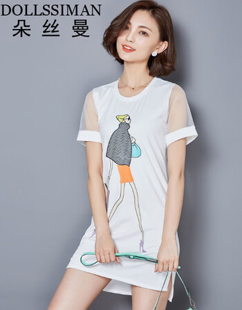 朵丝曼 2016夏季大码女装连衣裙韩版透视短袖印花百搭显瘦短裙女 白色 M