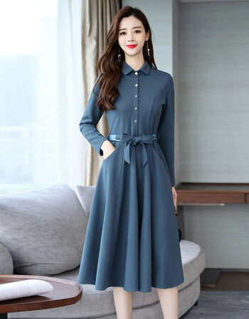 秋装女2018新款衬衫连衣裙韩版收腰显瘦中长款秋季有女人味的裙子