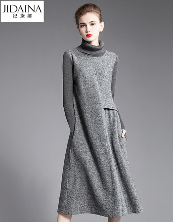 秋冬羊毛呢子裙加厚打底连衣裙长袖中长款 灰色 s【图片 价格 品牌 报