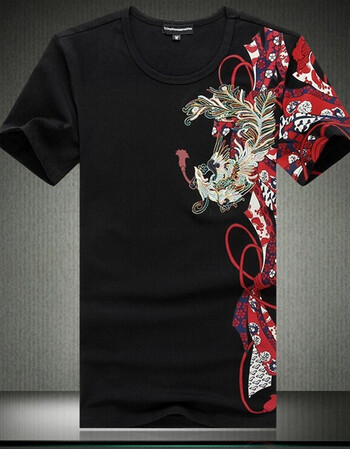 kting homme2016中国风龙凤凰刺绣男士短袖t恤 黑色 3xl