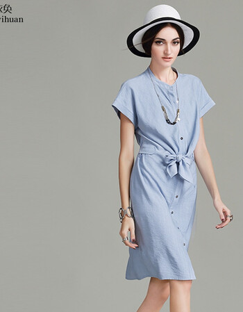 2016夏新款连衣裙立领t型裙子短袖中腰绑带中裙一步裙fz1331 浅蓝色 l