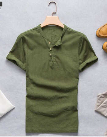 短袖衬衫男装2016夏款仿亚麻休闲纯色衬衣修身时尚免烫衬衫 军绿色 xl
