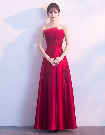 抹胸2018新款主持人香槟色伴娘高贵优雅聚会连衣裙 酒红色抹胸长款 m