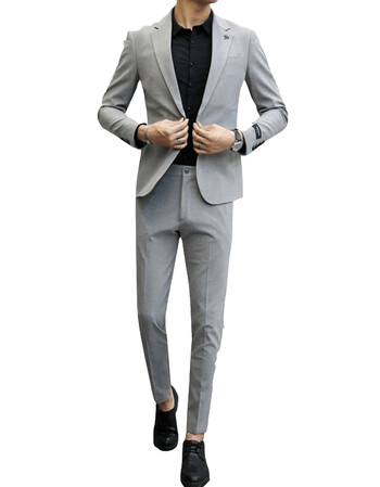 套装潮韩版修身型商务休闲帅气青年两件套小西装新郎结婚礼服 浅灰色