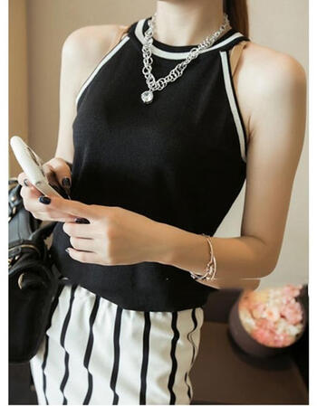2016韩版夏修身显瘦挂脖针织弹力无袖上衣吊带挂脖小背心 黑色 m