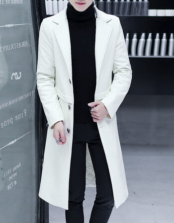 珈沐儿风衣男白色修身长款韩版青少年帅气加长过膝大衣男pu黑色皮外套