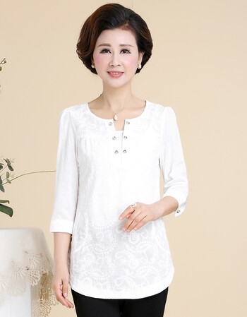 妈妈装夏装中老年女装春装女士长袖t恤40岁中年妇女短款薄上衣 白色