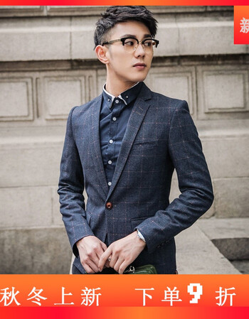 精品㊣ 休闲西服男韩版修身格子小西装青年男士西服外套秋冬英伦单西