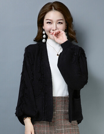 秋装新款韩版时尚短外套针织毛衣小开衫短款宽松灯笼袖流苏上衣女