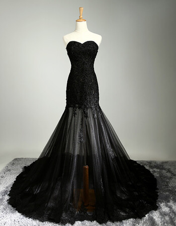 精品优选 黑色婚纱礼服性感蕾丝包臀抹胸长款钉珠写真新娘婚纱伴娘