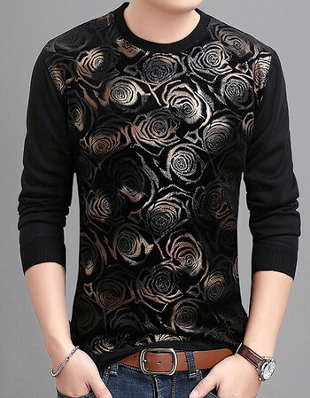 2018男士圆领t恤衫加绒加厚冬季新款金丝绒印花中年时尚男装 1512金色