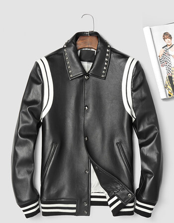 touchmiss 男装 2019潮肩膀条纹铆钉翻领男短款修身真皮绵羊皮皮衣