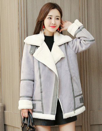 棉衣女2019新款冬加厚保暖皮毛一体羊羔毛短外套鹿皮麂皮绒外套女