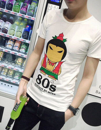 韩版修身男士纯色葫芦娃印花百搭圆领短袖t恤男 白色 175/88a