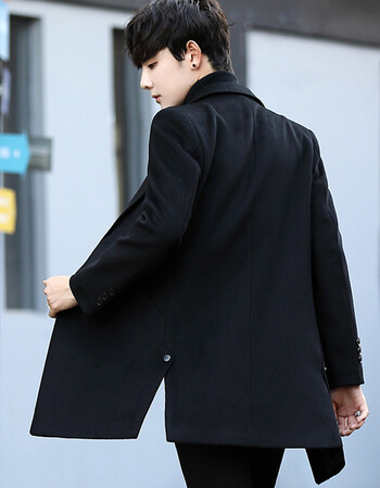 男士风衣中长款韩版修身潮流帅气毛呢大衣冬季青年呢子外套男 侧开叉