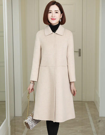 2018流行千鸟格羊毛呢大衣女长款外套娃娃领双面羊绒大衣 米色 s