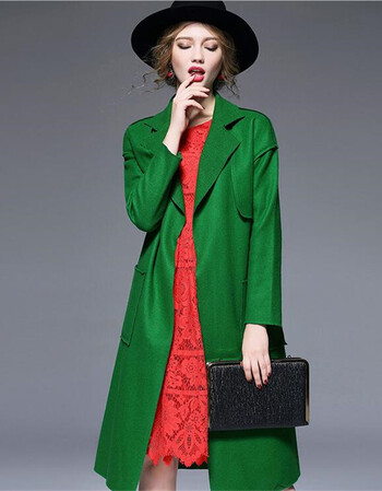 fennell 女装秋冬长袖直筒风衣外套纯色羊毛呢子大衣 绿色 s