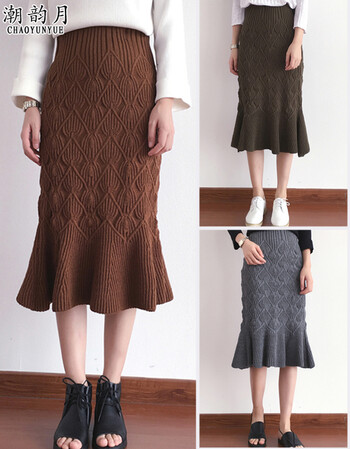 潮韵月加厚针织半身裙秋冬修身显瘦中长款荷叶边包臀毛线鱼尾裙 黑色