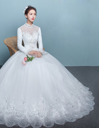 新款冬季长袖婚纱礼服新娘结婚齐地加棉冬款婚纱复古立领婚纱 白色 l