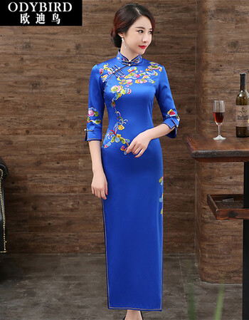 款旗袍2018春季新款女装桑蚕丝时尚妈妈装高开叉敬酒印花旗袍裙 蓝色