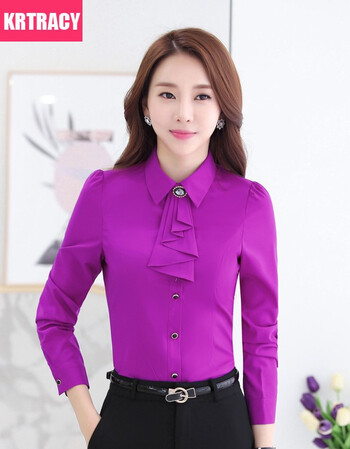 新款衬衫女修身显瘦长袖职业大码女装白色衬衣女打底衫女工装 紫色