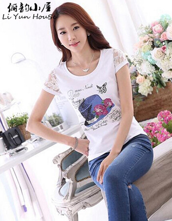 
                                        俪韵小屋短袖t恤女纯白色夏季半袖tshirt圆领nv修身蕾丝拼接上衣919 白色 M                