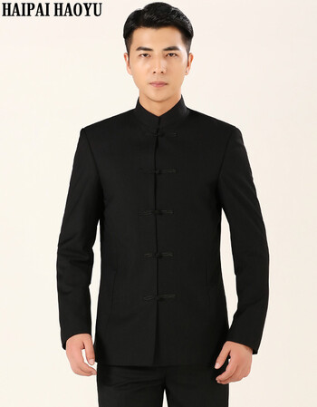 haipaihaoyu唐装中山装男套装修身龙纹立领1685黑色165上衣30裤子