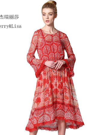 杰瑞丽莎2017春夏新款喇叭袖蕾丝中长款印花连衣裙 花色 s