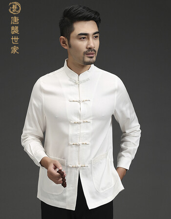 唐袭世家唐装男长袖衬衫中式立领盘扣上衣中国风休闲中山装 白色 xxl