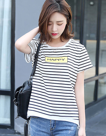 【6】茜草坊 短袖宽松2017夏季新款条纹印花百搭t恤女 1705 白底黑条