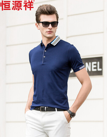 夏季男士休闲商务polo衫男中年大码宽松上衣翻领短袖t恤男 深蓝色 180