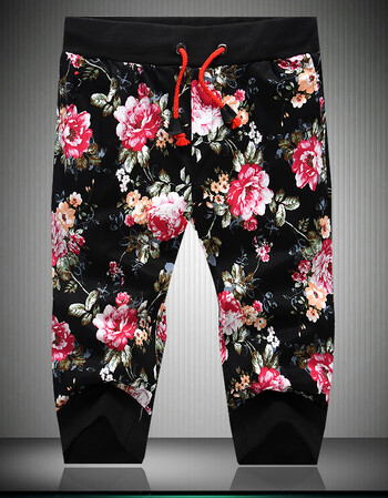 暧昧公子 男士夏季新款花裤休闲裤印花七分裤大码 黑色 xl