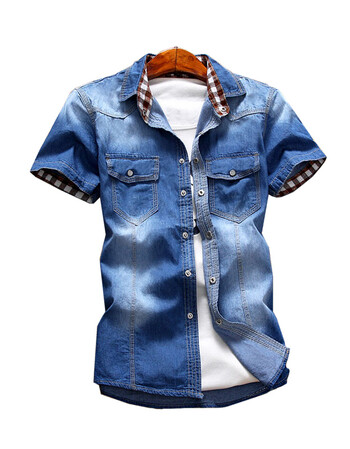 融迈 牛仔衫夏季薄款短袖衬衫男士牛仔衣男牛仔服mjk8101 浅蓝色 xl