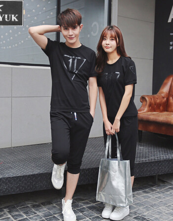 uyuk夏季新款潮流男女情侣运动套装男士短袖七分短裤运动服装小清风倒